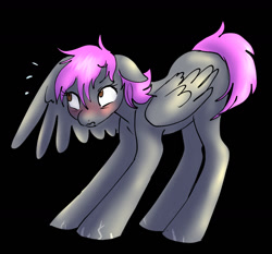 Size: 1280x1192 | Tagged: safe, artist:ketzel99, artist:ketzelfeathers, oc, oc only, oc:crash dive, pegasus, pony, black background, blushing, hiding, hiding behind wing, nervous, red face, scar, simple background, solo, wings