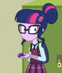 Size: 645x760 | Tagged: safe, screencap, sci-twi, twilight sparkle, human, equestria girls, g4, my little pony equestria girls: friendship games, bag, canterlot high, clothes, confused, cropped, crystal prep academy uniform, glasses, lockers, magic capture device, necktie, school, school tie, school uniform, schoolgirl, solo