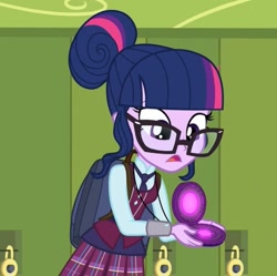 Size: 785x783 | Tagged: safe, screencap, sci-twi, twilight sparkle, human, equestria girls, g4, my little pony equestria girls: friendship games, bag, canterlot high, clothes, cropped, crystal prep academy uniform, glasses, lockers, magic capture device, necktie, school tie, school uniform, schoolgirl, solo