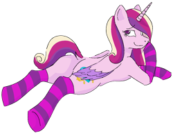 Size: 1447x1117 | Tagged: safe, artist:reponer, princess cadance, alicorn, pony, g4, bangs, butt, clothes, female, horn, looking back, lovebutt, lying down, mare, one eye covered, pink fur, plot, simple background, socks, solo, striped socks, sultry pose, tail, tail aside, transparent, transparent background, wings