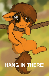 Size: 1121x1737 | Tagged: safe, artist:marsminer, oc, oc only, oc:venus spring, pony, unicorn, :t, adorable distress, adorable face, awww, big eyes, brown hair, brown mane, brown tail, chest fluff, chibi, cute, daaaaaaaaaaaw, dock, ear fluff, ears back, featureless crotch, female, floppy ears, frown, hang in there, hnnng, horn, mare, marsminer is trying to murder us, motivational, ocbetes, one leg raised, orange coat, orange eyes, rope, sad, sadorable, small horn, solo, spread legs, spreading, suspended, tail, tiny, tiny ponies, unicorn oc, weapons-grade cute