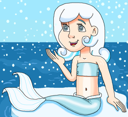 Size: 853x781 | Tagged: safe, artist:ocean lover, oc, oc only, oc:snowdrop, human, mermaid, arctic, bandeau, bare shoulders, belly, belly button, blind, blue eyes, child, cute, female, fins, fish tail, friendly, happy, human coloration, humanized, ice, innocent, light skin, looking up, mermaid tail, mermaidized, mermay, midriff, ms paint, ocean, open mouth, outdoors, shadow, sitting, sky, snow, snowflake, solo, species swap, tail, tail fin, two toned hair, water, white hair, winter