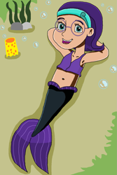 Size: 787x1180 | Tagged: safe, artist:ocean lover, oc, oc only, oc:nyx, human, mermaid, arm behind head, bare midriff, bare shoulders, belly, belly button, bubble, child, clothes, coral, cute, fins, fish tail, glasses, hairband, happy, having fun, headband, human coloration, humanized, looking at you, looking up, looking up at you, lying down, mermaid tail, mermaidized, mermay, midriff, ms paint, ocean, open mouth, purple hair, sand, shadow, short hair, sleeveless, species swap, sponge, tail, tail fin, tank top, teal eyes, underwater, vest, water