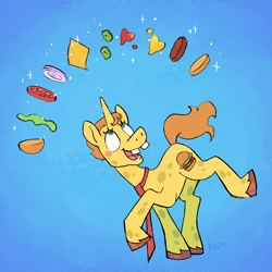 Size: 1800x1800 | Tagged: safe, artist:umbrellascribbles, pony, unicorn, bun, burger, cheese, food, ketchup, lettuce, male, mustard, onion, pickle, ponified, sauce, sliced cheese, solo, spongebob squarepants, spongebob squarepants (character), tomato