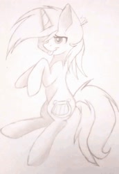 Size: 1349x1964 | Tagged: safe, artist:mynameislele, lyra heartstrings, pony, unicorn, g4, :p, monochrome, solo, tongue out, traditional art