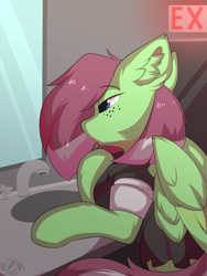 Size: 2059x2740 | Tagged: safe, artist:beardie, oc, oc only, oc:watermelon success, pegasus, pony, clothes, ear fluff, freckles, high res, lipstick, makeup, mirror, sink, solo