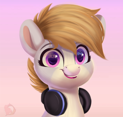Size: 1800x1700 | Tagged: safe, artist:joaothejohn, oc, oc only, oc:cookie malou, earth pony, pony, bust, cute, earth pony oc, fanart, headphones, looking at you, portrait, simple background, smiling, solo
