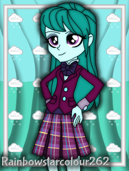 Size: 768x1024 | Tagged: safe, artist:rainbowstarcolour262, part of a set, cold forecast, human, series:equ wallpapers, equestria girls, g4, my little pony equestria girls: friendship games, abstract background, background human, bowtie, clothes, crystal prep academy uniform, crystal prep shadowbolts, cutie mark, cutie mark background, eyeshadow, female, hand on hip, makeup, part of a series, plaid skirt, pleated skirt, purple eyes, school uniform, shirt, signature, skirt, solo
