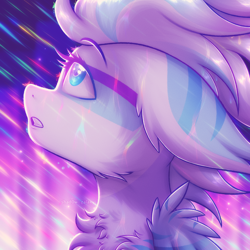 Size: 2500x2500 | Tagged: safe, artist:shad0w-galaxy, oc, oc only, oc:glacier prism, pegasus, pony, body markings, bust, chest fluff, city, commission, ear fluff, female, fluffy, high res, looking up, mare, neon, portrait, rain, solo, ych result