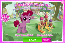 Size: 1958x1297 | Tagged: safe, gameloft, idw, maraschino curls, pony, unicorn, g4, my little pony: magic princess, advertisement, bush, colt, costs real money, english, foal, horn, idw showified, introduction card, male, mobile game, numbers, sale, slide, solo, text