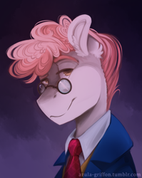 Size: 1283x1611 | Tagged: safe, artist:cyanocitta-blattidae, svengallop, earth pony, pony, g4, abstract background, clothes, glasses, gradient background, male, necktie, smiling, smirk, solo, stallion