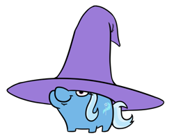 Size: 679x531 | Tagged: safe, artist:jargon scott, trixie, pony, unicorn, g4, clothes, derp, female, giant hat, hat, hat over one eye, mare, simple background, smiling, solo, squatpony, trixie's hat, white background, wizard hat