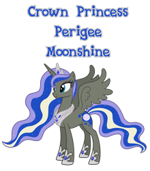 Size: 4239x4824 | Tagged: source needed, safe, anonymous artist, oc, oc only, oc:crown princess perigee moonshine, alicorn, pony, g4, absurd resolution, alicorn oc, closed mouth, crown, crown princess, cutie mark, ethereal mane, ethereal tail, eyelashes, eyes open, eyeshadow, female, happy, hoof shoes, horn, jewelry, makeup, mare, mare of the moon, name, nostrils, offspring, parent:king equus, parent:princess luna, parents:canon x oc, parents:equuna, pony oc, princess, product of incest, regalia, royalty, show accurate, simple background, smiling, solo, spread wings, standing, tail, text, transparent background, vector, wall of tags, wings