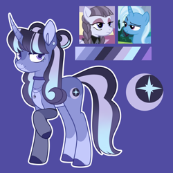 Size: 1280x1280 | Tagged: safe, artist:glowfangs, inky rose, trixie, oc, unnamed oc, pony, unicorn, g4, adoptable, beauty mark, choker, coat markings, color palette, colored hooves, crack ship offspring, curved horn, cutie mark, ear piercing, earring, eyeshadow, gradient horn, gradient mane, gradient tail, hair bun, horn, jewelry, lidded eyes, looking at you, makeup, necklace, offspring, pale belly, parent:inky rose, parent:trixie, piercing, purple background, raised hoof, simple background, smiling, smiling at you, socks (coat markings), solo, standing, tail, unicorn oc