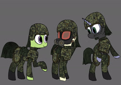 Size: 2048x1444 | Tagged: safe, artist:suryfromheaven, pony, unicorn, balaclava, boots, camouflage, clothes, gas mask, helmet, mask, military, military pony, military uniform, shoes, smiling, trio, uniform