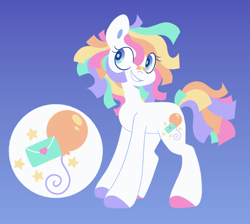 Size: 1280x1149 | Tagged: safe, artist:glowfangs, oc, oc only, oc:b-bash, earth pony, pony, g4, balloon, bandaid, bandaid on nose, blue background, blue eyes, colored hooves, cutie mark, earth pony oc, envelope, female, magical lesbian spawn, mare, multicolored hair, multicolored mane, multicolored tail, offspring, parent:pinkie pie, parent:rarity, parents:raripie, reference sheet, simple background, solo, stars, tail
