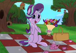 Size: 2048x1444 | Tagged: safe, artist:suryfromheaven, starlight glimmer, pony, unicorn, g4, basket, bird feeder, bird house, bouquet of flowers, cup, flower, forest, looking at you, magic, picnic, picnic basket, picnic blanket, sitting, smiling, smiling at you, solo, tea time, teacup, teapot, telekinesis, tree