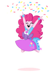 Size: 900x1200 | Tagged: safe, artist:selena marchetti, pinkie pie, human, equestria girls, g4, boots, clothes, confetti, eyes closed, female, happy, humanized, jumping, open mouth, open smile, pony coloring, raised arms, shirt, shoes, simple background, skirt, smiling, solo, white background, wristband