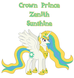 Size: 4577x4823 | Tagged: source needed, safe, anonymous artist, oc, oc only, oc:crown prince zenith sunshine, alicorn, pony, g4, absurd resolution, alicorn oc, beard, closed mouth, crown, crown prince, cutie mark, ethereal mane, ethereal tail, eyebrows, eyes open, facial hair, goatee, hoof shoes, horn, jewelry, male, moustache, name, offspring, parent:king equus, parent:princess celestia, parents:canon x oc, parents:celequus, pony oc, prince, product of incest, regalia, royalty, show accurate, simple background, solo, spread wings, stallion, stallion of the sun, standing, tail, text, transparent background, vector, wings