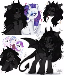 Size: 1755x2048 | Tagged: safe, artist:damon_ekel, rarity, oc, pony, unicorn, g4, bat wings, canon x oc, chest fluff, choker, cloven hooves, devil tail, duo, ear fluff, eyes closed, forked tongue, heart, horns, lidded eyes, looking at you, nervous, nervous sweat, simple background, smiling, tail, unshorn fetlocks, white background, wings