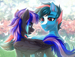 Size: 3296x2500 | Tagged: safe, artist:hakaina, oc, oc only, oc:rainfall (zeepurplefox), butterfly, pegasus, pony, blaze (coat marking), blurry background, butt, chest fluff, chin fluff, coat markings, colored, commission, commissioner:zeepurplefox, dark coat, duo, ear fluff, facial markings, female, folded wings, freckles, grin, half body, height difference, hexagon, high res, leg fluff, looking at each other, looking at someone, male, mare, pegasus oc, plot, raised hoof, shading, signature, smiling, smiling at each other, stallion, standing, star freckles, starry wings, sternocleidomastoid, turned head, wings, ych result