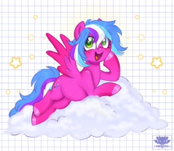 Size: 2048x1775 | Tagged: safe, artist:damon_ekel, oc, oc only, pony, blushing, cloud, freckles, happy, lying down, lying on a cloud, on a cloud, open mouth, open smile, smiling, solo, spread wings, wings