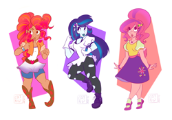 Size: 1280x894 | Tagged: safe, artist:selena marchetti, human, equestria girls, g4, boots, bracelet, clothes, freckles, fusion, fusion:applejack, fusion:fluttershy, fusion:pinkie pie, fusion:rainbow dash, fusion:rarity, fusion:twilight sparkle, gloves, hairclip, humanized, jacket, jewelry, pants, pony coloring, shirt, shoes, shorts, signature, simple background, skirt, socks, trio, white background