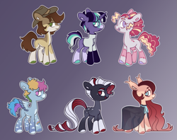 Size: 923x730 | Tagged: safe, artist:glowfangs, applejack, fluttershy, pinkie pie, rainbow dash, rarity, twilight sparkle, bat pony, demon, demon pony, earth pony, pegasus, pony, undead, unicorn, vampire, vampony, werewolf, g4, alternate color palette, alternate design, alternate universe, alternate versions at source, bags under eyes, base used, bat ponified, beauty mark, blue eyes, body markings, bow, cape, cloak, clothes, cloud pattern, coat markings, colored hooves, colored muzzle, cowboy hat, dappled, dot eyebrows, ear tufts, eyeshadow, facial hair, facial markings, flutterbat, folded wings, frankenpony, frown, glasses, gloves, gradient background, gray background, green eyes, group, hat, headband, lab coat, latex, latex gloves, mad scientist, makeup, mane six, open mouth, pale belly, possessed, purple eyes, race swap, red eyes, reference sheet, sextet, simple background, slit pupils, smiling, socks (coat markings), spread wings, standing, stitches, stubble, wings
