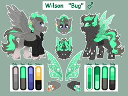 Size: 8000x6000 | Tagged: safe, artist:crazysketch101, oc, oc:wilson "bug", changeling, pegasus, pony, clothes, ear piercing, earring, fangs, green changeling, hoodie, jewelry, mawshot, open mouth, piercing, reference sheet
