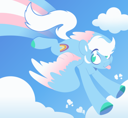 Size: 1280x1181 | Tagged: safe, artist:glowfangs, prism glider, pegasus, pony, g4, :p, cloud, colored hooves, colored wings, eyebrows, eyebrows visible through hair, flying, lgbt, male, no pupils, pride, pride flag, sky, solo, stallion, tongue out, trans male, transgender, transgender pride flag, wings