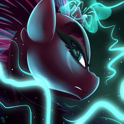Size: 1500x1500 | Tagged: safe, artist:starcasteclipse, tempest shadow, pony, unicorn, g4, broken horn, bust, close-up, electricity, eye scar, facial scar, female, horn, looking back, magic, portrait, scar, solo
