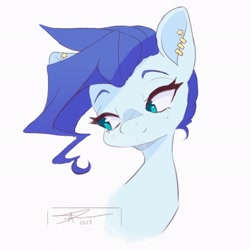 Size: 2048x2048 | Tagged: safe, artist:mindlessnik, oc, oc only, oc:nik, pony, bust, ear piercing, earring, female, high res, jewelry, lidded eyes, mare, piercing, ponysona, signature, simple background, smiling, solo, white background