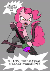 Size: 1200x1705 | Tagged: safe, artist:kenichi-shinigami, pinkie pie, g4, crossover, cupcake, food, hawkeye, marvel, misspelling