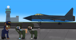 Size: 4096x2160 | Tagged: safe, artist:suryfromheaven, clear sky, earth pony, pony, g4, airfield, aviator sunglasses, clothes, commander, flight suit, jet, military, military pony, oxygen mask, pilot, plane, salute, sunglasses