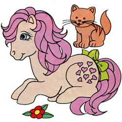 Size: 311x310 | Tagged: safe, peachy, twinkles, cat, earth pony, pony, g1, bow, cute, flower, g1 peachybetes, g1betes, lying down, pink mane, simple background, solo, tail, tail bow, transparent background