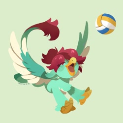 Size: 1288x1288 | Tagged: safe, artist:drtuo4, oc, oc only, oc:hahli kailani, hippogriff, ball, eyes closed, green background, happy, open mouth, open smile, simple background, smiling, solo, sports, spread wings, volleyball, wings