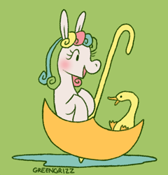 Size: 838x874 | Tagged: safe, artist:greengrizz, quackers, bird, duck, earth pony, pony, g1, colored, curly mane, dot eyes, eyelashes, female, flat colors, green background, mare, multicolored mane, open mouth, open smile, profile, puddle, raised hooves, signature, simple background, sitting, smiling, solo, tall ears, umbrella, white coat