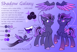 Size: 4500x3000 | Tagged: safe, artist:shad0w-galaxy, oc, oc only, oc:shadow galaxy, pegasus, pony, alternate design, chest fluff, colored wings, cute, ear fluff, ethereal mane, fangs, female, flight trail, floating wings, flying, folded wings, gradient background, gradient hooves, gradient mane, gradient tail, gradient wings, high res, hooves, mare, multeity, multicolored hair, open mouth, purple eyes, purple insides, raised hoof, reference sheet, remastered, smiling, solo, speed trail, spread wings, starry eyes, starry mane, starry wings, tail, text, unshorn fetlocks, wingding eyes, wings