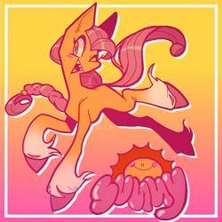 Size: 768x768 | Tagged: safe, artist:glorioustragedykid, sunny starscout, earth pony, pony, g5, abstract background, bounding, braid, braided ponytail, colored, concave belly, female, frame, gradient background, hoof fluff, mare, one eye closed, open mouth, ponytail, sharp teeth, signature, solo, stylized, teeth, thin, unshorn fetlocks, wink