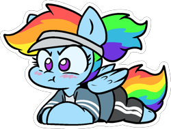 Size: 1004x758 | Tagged: safe, artist:zutcha, rainbow dash, pegasus, pony, g4, :t, alternate hairstyle, blushing, cute, dashabetes, female, lying down, mare, outline, ponytail, prone, simple background, solo, sploot, transparent background, visor cap, white outline