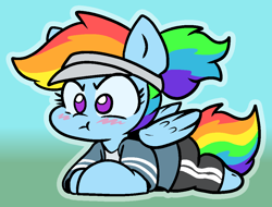 Size: 1050x800 | Tagged: safe, alternate version, artist:zutcha, rainbow dash, pegasus, pony, g4, :t, alternate hairstyle, blushing, cute, dashabetes, female, gradient background, lying down, mare, outline, ponytail, pouting, prone, solo, sploot, tsunderainbow, tsundere, visor cap