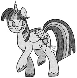 Size: 1365x1389 | Tagged: safe, artist:queertrixie, twilight sparkle, alicorn, pony, g4, female, grayscale, mare, monochrome, palindrome get, simple background, solo, tongue out, twilight sparkle (alicorn), white background