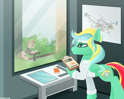 Size: 2500x2000 | Tagged: safe, artist:andaluce, oc, oc only, oc:typh, oc:typhoon, pegasus, pony, clipboard, clothes, duo, experiment, high res, lab coat, lineless, male, scientist, solo focus, stallion