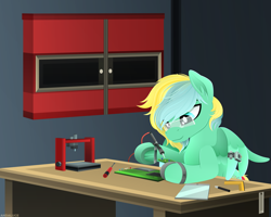 Size: 2500x2000 | Tagged: safe, artist:andaluce, oc, oc only, oc:typh, oc:typhoon, pegasus, pony, circuit board, goggles, high res, lineless, male, safety goggles, screwdriver, soldering iron, solo, stallion, table, wings