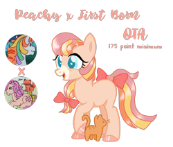 Size: 1806x1529 | Tagged: safe, artist:vernorexia, first born, twinkles, oc, cat, earth pony, pony, g1, g4, adoptable, adoptable open, bangs, base used, bow, colored hooves, food, hair bow, hairclip, hairpin, magical lesbian spawn, multicolored mane, offspring, parent:first born, parent:peachy, parents:peachyborn, peach, simple background, solo focus, tail, tail bow, transparent background