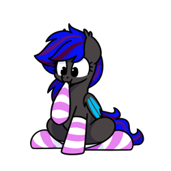 Size: 800x800 | Tagged: safe, artist:sugar morning, oc, oc only, oc:ebony rose, bat pony, pony, animated, clothes, commission, cute, ear tufts, emanata, fangs, female, gif, mouth hold, ocbetes, simple background, sitting, smiling, socks, solo, sparkles, spread wings, striped mane, striped socks, striped tail, sugar morning's sockies, tail, transparent background, two toned mane, two toned tail, wings, ych result