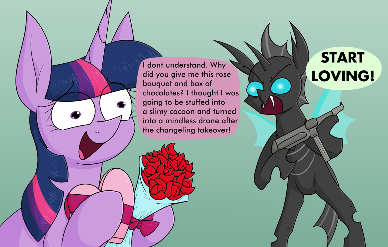 [angry,changeling,confused,dialogue,duo,female,flower,heart,male,mare,meme,mp40,pony,rose,safe,speech bubble,twilight sparkle,unicorn,wings,ponified meme,box of chocolates,gradient background,abstract background,unicorn twilight,bouquet of flowers,changeling domination,artist:moonatik]