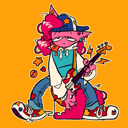 Size: 768x768 | Tagged: safe, artist:glorioustragedykid, pinkie pie, earth pony, anthro, plantigrade anthro, g4, :p, backwards ballcap, baseball cap, cap, clothes, denim, ear piercing, electric guitar, guitar, hat, hoodie, jeans, musical instrument, pants, piercing, simple background, solo, tongue out, tongue piercing, yellow background