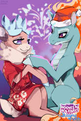 Size: 4000x6000 | Tagged: safe, artist:stercore_murum, tianhuo (tfh), velvet (tfh), deer, dragon, hybrid, longma, reindeer, art pack:hooves n' holidays, them's fightin' herds, clothes, community related, dress, duo, female, mane of fire, tail, tail of fire