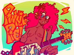Size: 1024x768 | Tagged: safe, artist:glorioustragedykid, pinkie pie, human, g4, blue eyes, clothes, dark skin, ear piercing, electric guitar, freckles, gradient background, guitar, guitar pick, humanized, lip piercing, male, musical instrument, painted nails, pants, partial nudity, piercing, pink hair, scar, solo, surgery scar, sweat, sweatdrops, sweatpants, top scars, topless, trans male, transgender